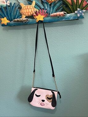 Betsey Johnson Pink Dog Face Crossbody with Black Ears and Gold Heart